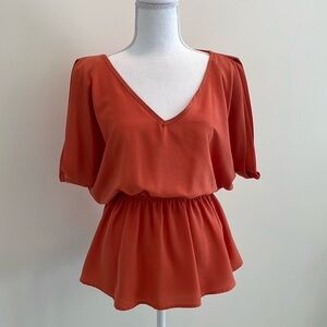 I-ner Brand Orange V Neck Top With Wide Layered Kimono Sleeves